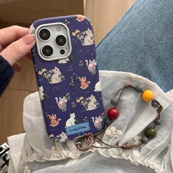 Ins floral cat cute leather cover for iphone 15pro 16Pro 14promax 13promax 14 13 15 16 pro max colorful chain rope phone case