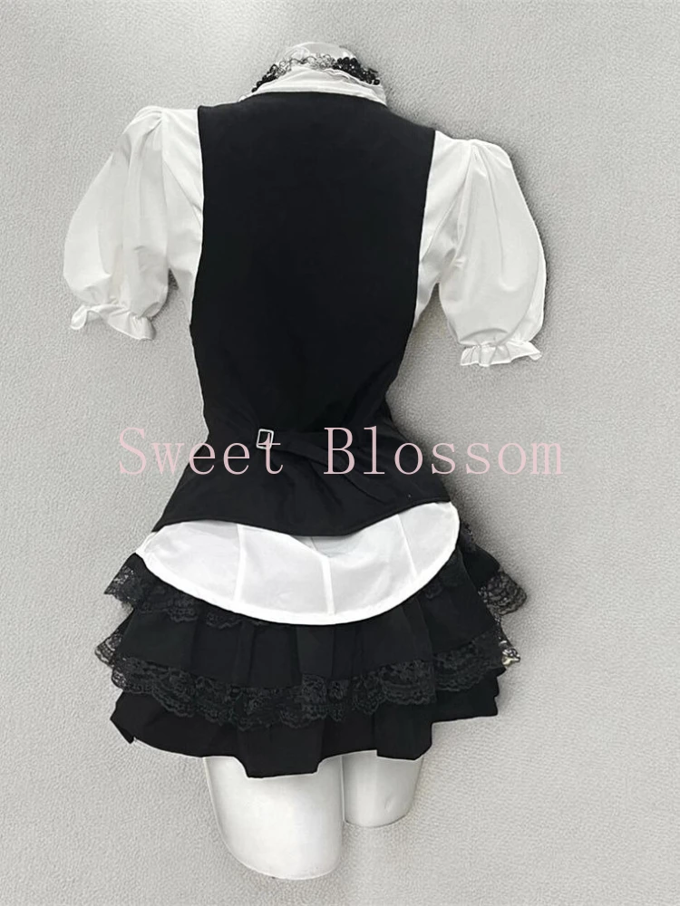 Harajuku Gothic Retro Chic Outfit Women Bubble Sleeve Shirt + Slim Vest + Short Cake Skirt New Vintage Fashion 3 Piece Suit 2025 - Image 2