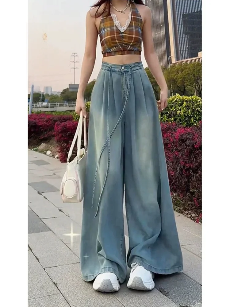 

High Waist Wide Leg Denim Pants Women Summer Thin Ice Silk Loose Slimming Wide Leg Pants Long Zipper Waed Effect