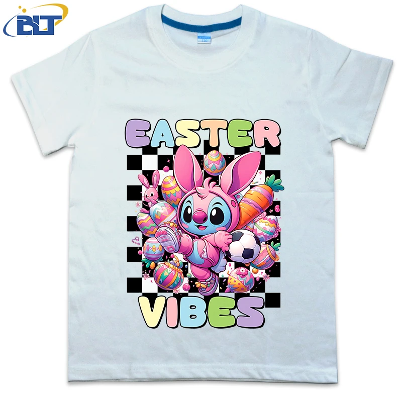 Stitch Easter Vibes Printed Kids T-shirt Cotton Short Sleeve Casual Top for Boys and Girls