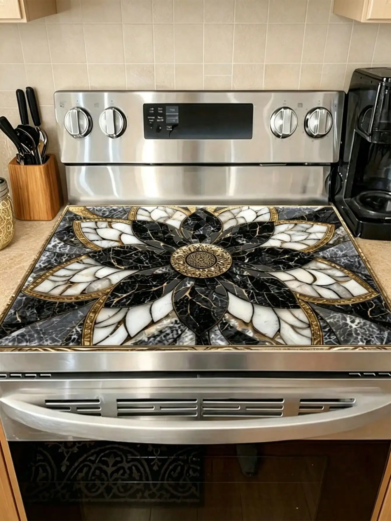 1pc 2D Flat Luxury Black Golden For Lotus Marble Pattern Stove Protector Mat, Wear Resistant, Dirt Resistant, Durable, Easy To Clean, Reusable, Suitable For Travel, Gas Stove, Washing Machine, Kitchen Essentials, Home Decor, Vacation Essentials