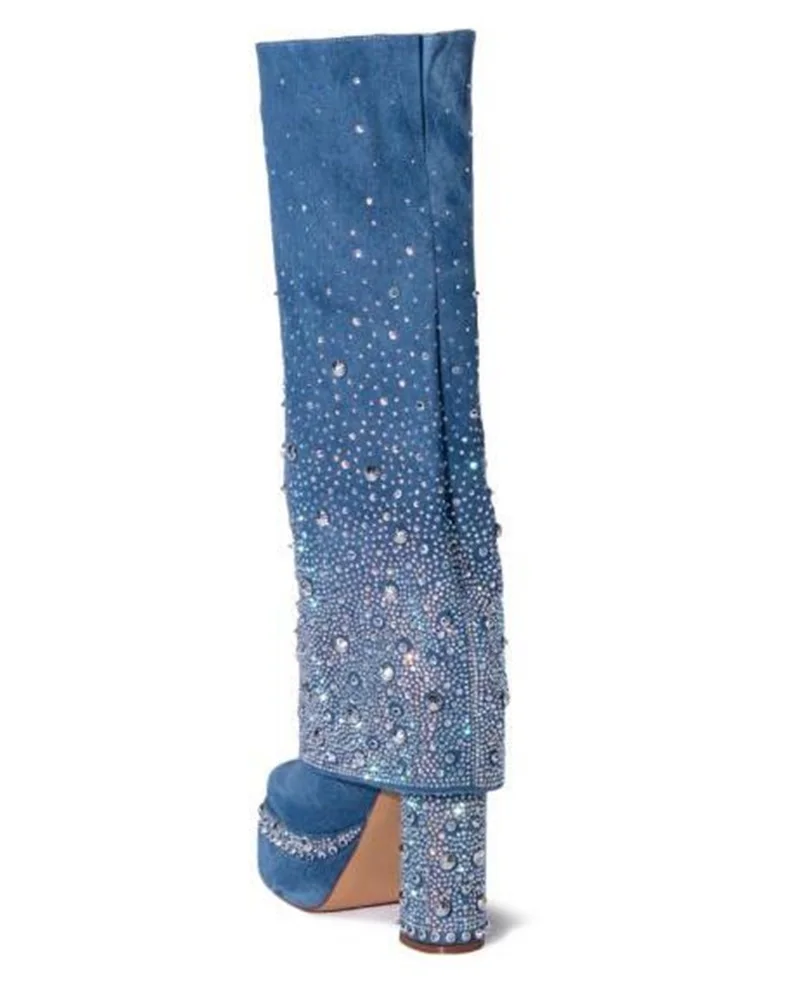 Glamorous Diamonds Denim Boot Covered Chunky Heel Rhinestone Platform Jeans Fold Over Shark Boot Round Toe Slip On Long Boots
