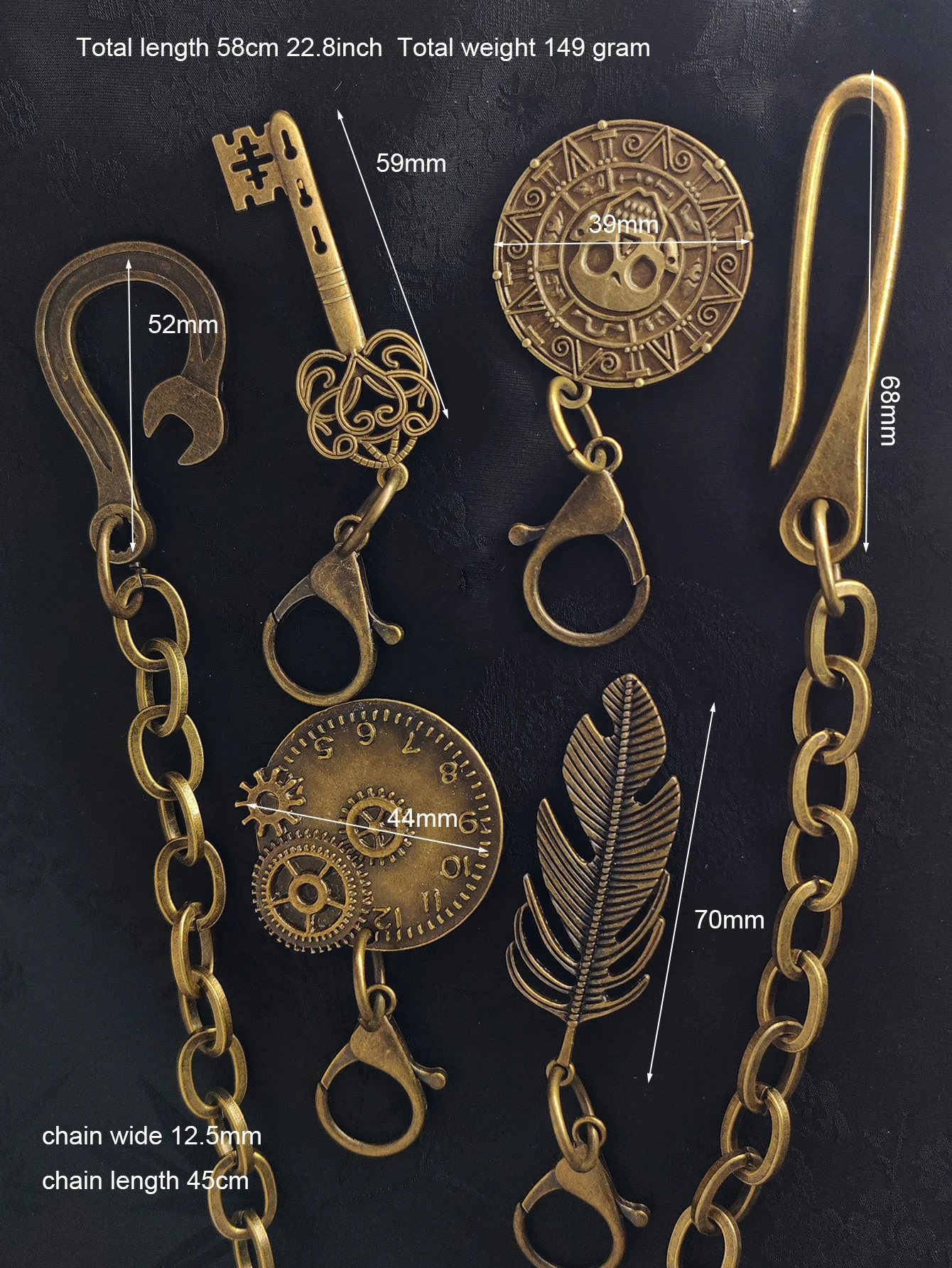23ins pants trucker jean12.5mm square wire link chain skull feather skeleton key charms wrench U hook keychain