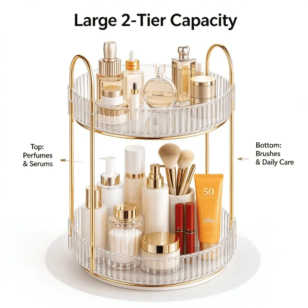 2 Tier 360 Degree Rotating Makeup Organizer Large Capacity Clear Acrylic Perfume Skincare Cosmetics Storage Rack for Vanity Countertop Bathroom Dresser,Spinning Lazy Susan Beauty Organizer Display Stand with Gold Frame,Gift for Women Girls gallery 3
