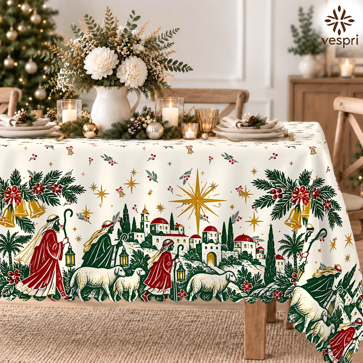 Christmas Tablecloth with Ballerinas & Nativity for Indoor/Outdoor Camping decor, Rectangular/Round/Oval