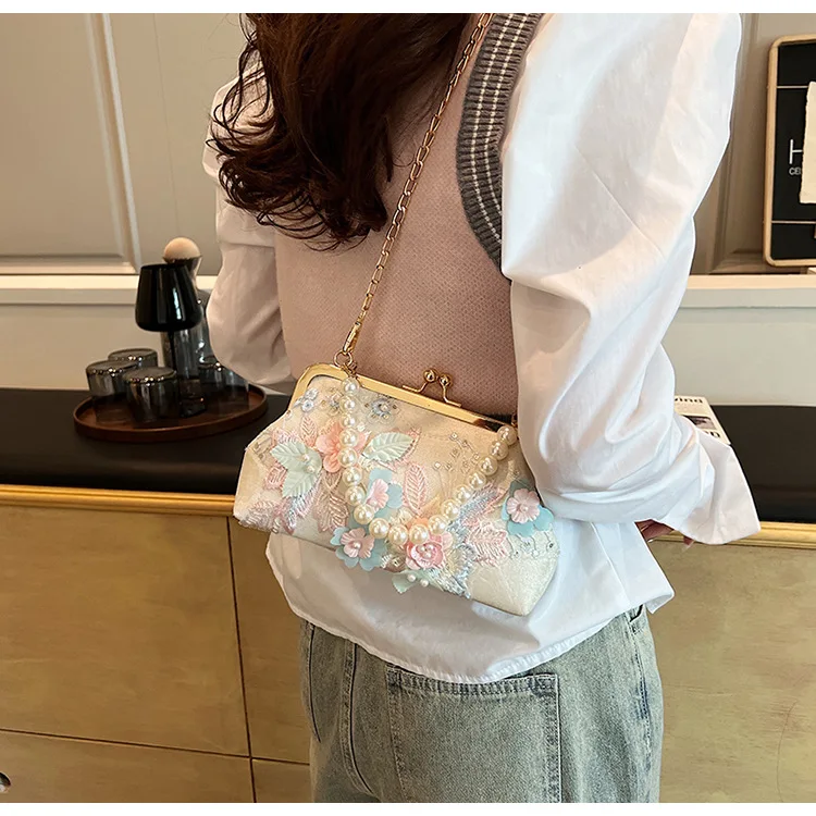 Fashion Elegant Silver Gray Clutch Fine Handmade Flower Embroidery Evening Bag For Women Summer Handbag Prom Party Shoulder Bags