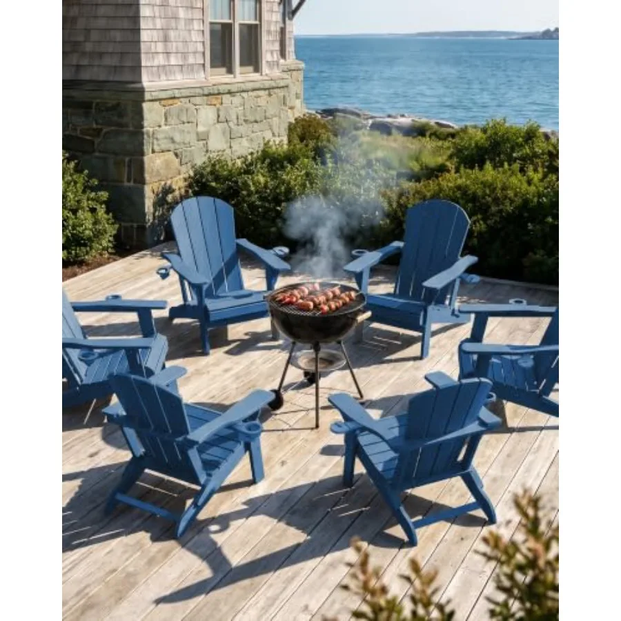 Outdoor folding Adirondack fire pit chairs set of 2, polywood material, charcoal gray, weather-resistant with integrated cup ho