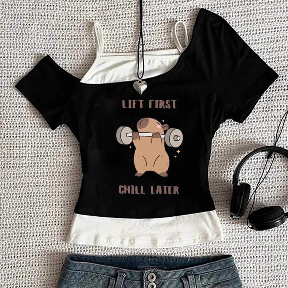 Capybara crop top girl vintage japanese party kawaii streetwear t shirt gothic y2k manga harajuku