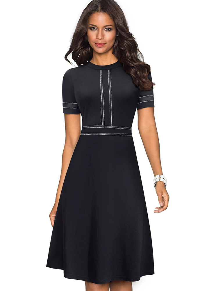 Nice-forever Vintage Elegant Patchwork Round neck Pinup Female vestidos Business Party Flare A-Line Retro Women Dress A135
