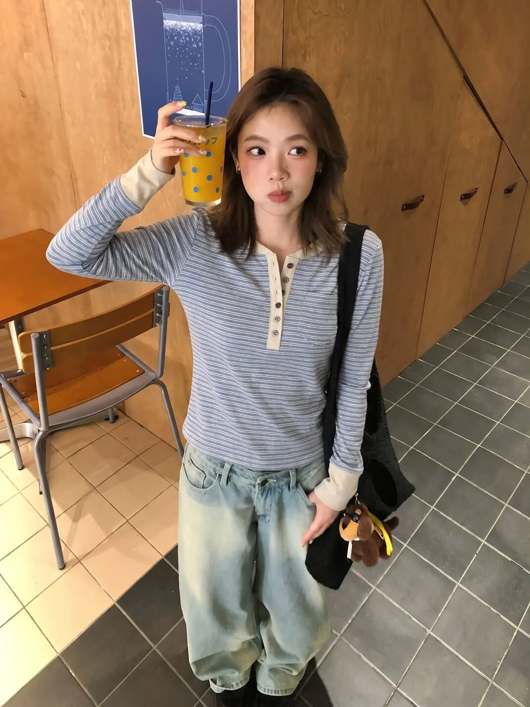 Casual Striped Long Sleeve T-Shirt Women's Half Collar Pilot FEMALEPILOT Korean Color Block Style Versatile Autumn Top