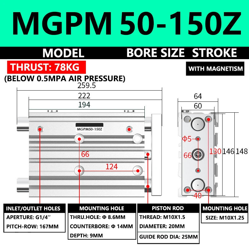 ABILKEEN MGPM Three Axis Pneumatic Compact Guide Cylinder MGPM50-150Z 50MM Bore X 150MM Stroke Three Axis Three Rod Air Cylinder