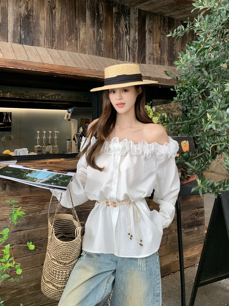 

Spring 2026 Korean Style Loose Fashionable Long Sleeve One Shoulder Ruffle Women's Shirt Top Sun Protection Casual Wear