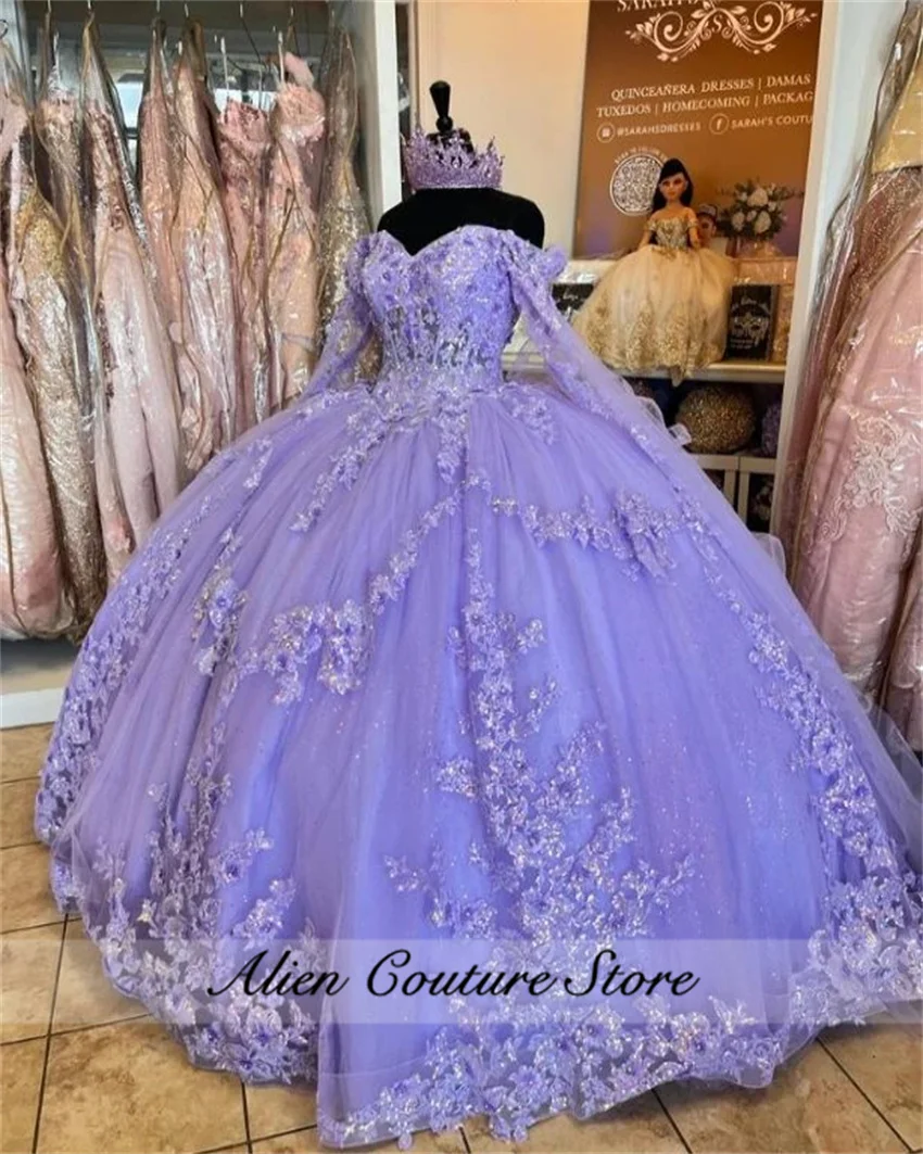 Lavender Purple Quinceanera Dresses Appliques Crystal Ball Gown 2024 Birthday Party Gowns Vestidos De 15 Long Sleeves Customized