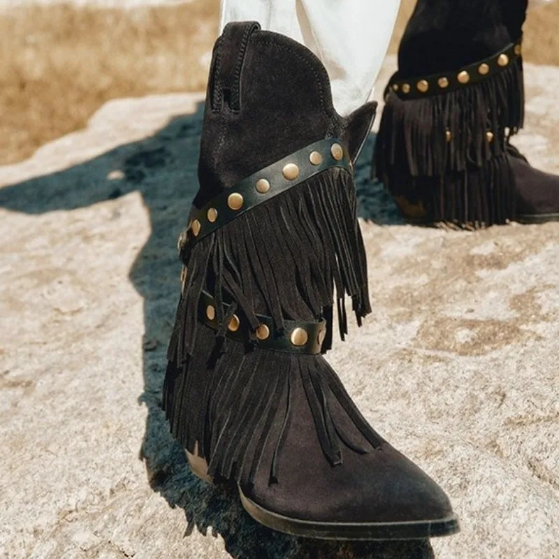 Women's Ankle Boots Pointed Toe Low Block Heel Suede-Look Surface Fringe Tassel Straps Studded Hardware Footwear Outdoor Walking