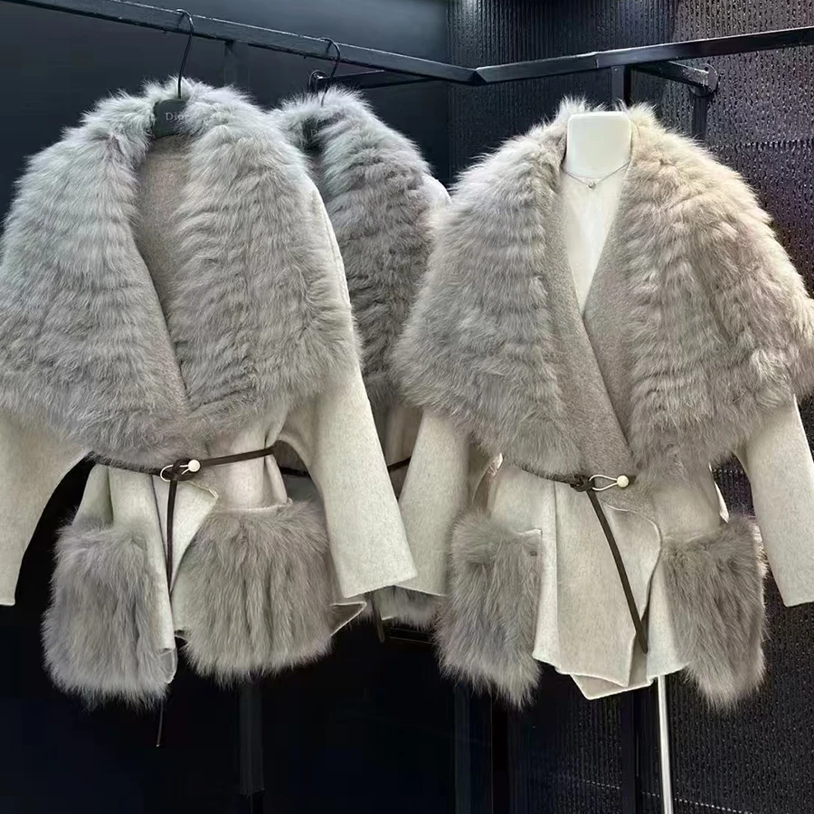 Women's Woolen Coat With Fox Fur Large Collar New Wool Coat Natural Fox Fur Coat Luxury Fashion Real Fur Coat