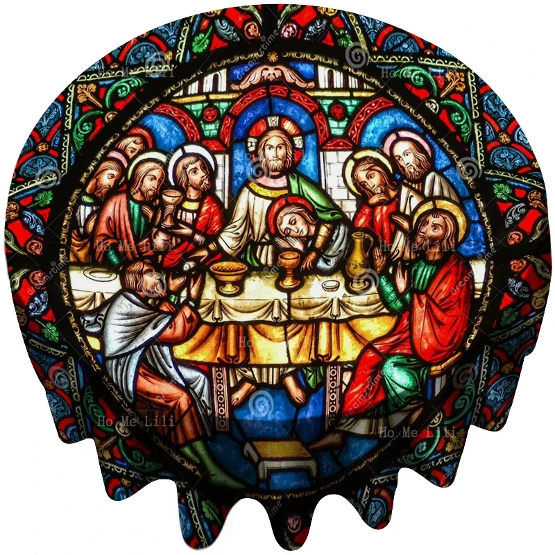 Stained Glass Art Last Supper Jesus And The Apostles Religious Style Round Tablecloth By Ho Me Lili For Tabletop Decor