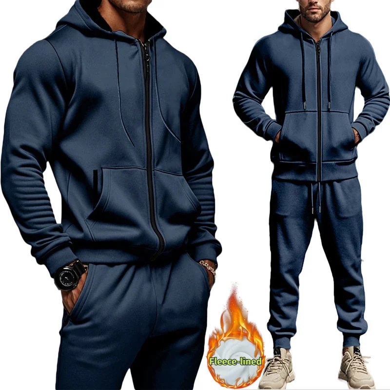 Men's clothing  Autumn and Winter Long Sleeved Hooded Sports Gym Casual Suit Fleece Warm Two-piece Set Tracksuit men ropa hombre