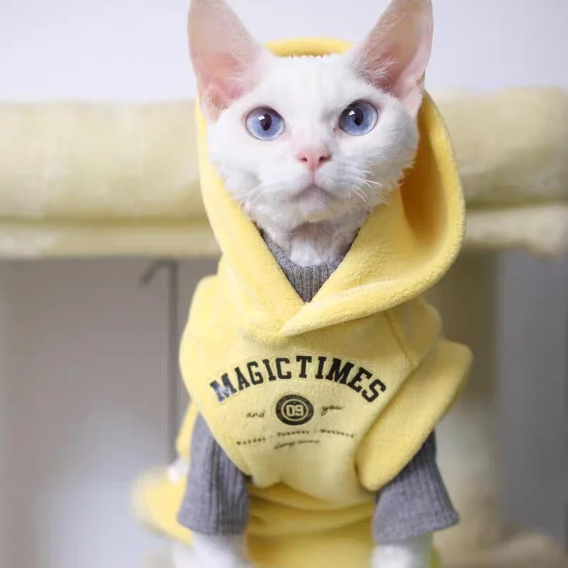 Thick Yellow Fleece Hooded Sweatshirt for Sphynx Cat Grey Short sleeved Coat for Devon in Winter Soft Loungewear for Kittens