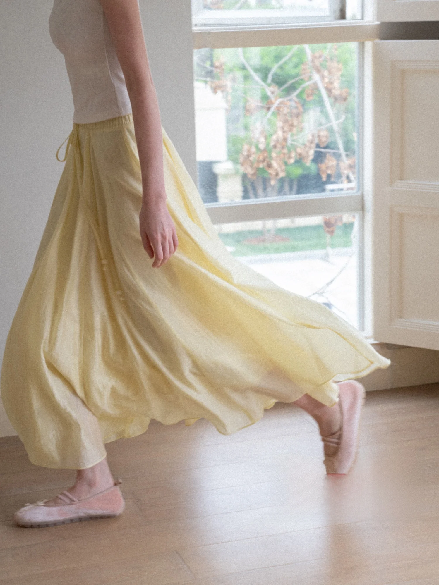 Yellow Half-length Skirt with Belt Casual Loose Fit Women's  Color Summer Korean Style Pure Color Long Dress