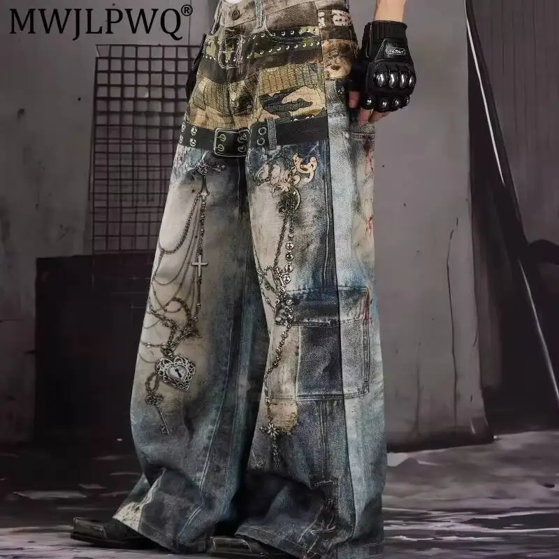 MWJLPWQ American Vintage 3D Printed Chain Belt Straight-Leg Jeans Men's Unique Design Loose Fit Autumn Wide-Leg Pants 20314