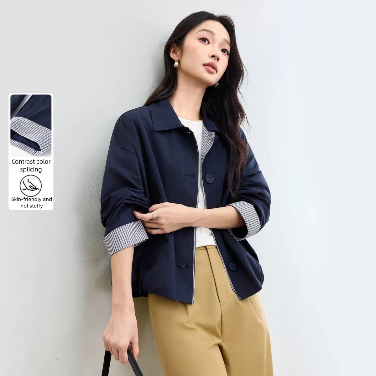 

SENTUBILA Chic Women's Cotton Jackets 2025 Autumn Lapel Collar Contrast Color Striped Coats Loose Fitting Casual Top W53WB3477