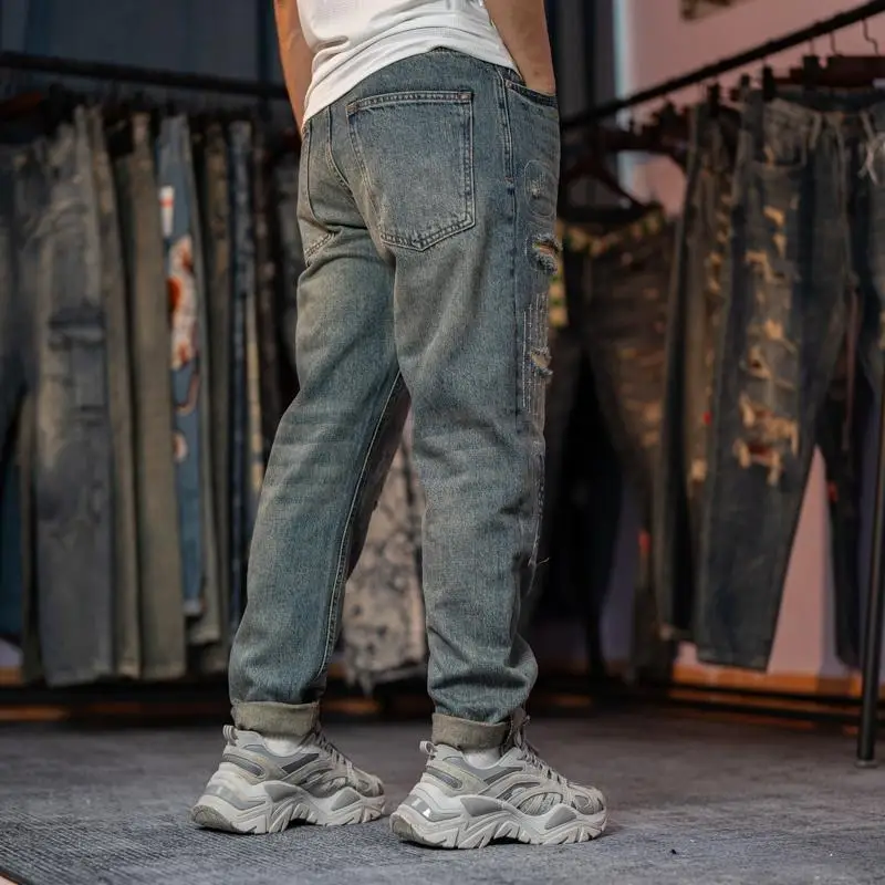 Men\'s Trendy American High Street Ripped Scraped Patch Patch Cloth Straight-leg Casual Jeans Trousers