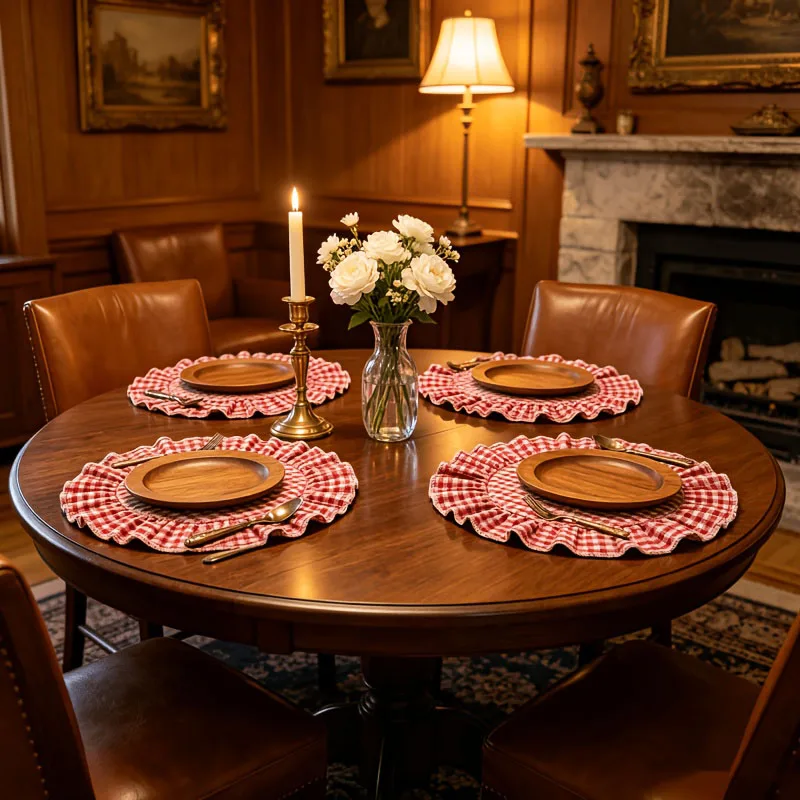 French Country Vintage Red Check Placemats, Rustic Red & White Gingham Ruffled Round Fabric Table Mats, Fresh & Cozy