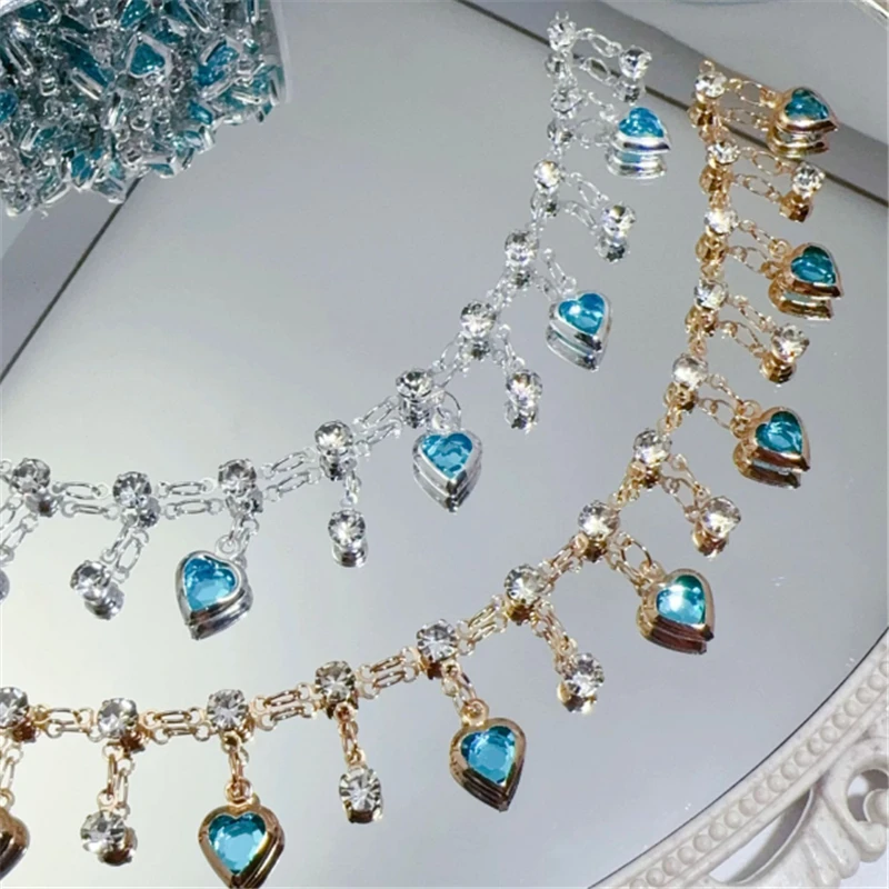 10 Meters/Lot New Retro Lake Blue Crystal Heart Beads Link Chains DIY for Bracelet Necklace Garment Jewelry Making Accessories