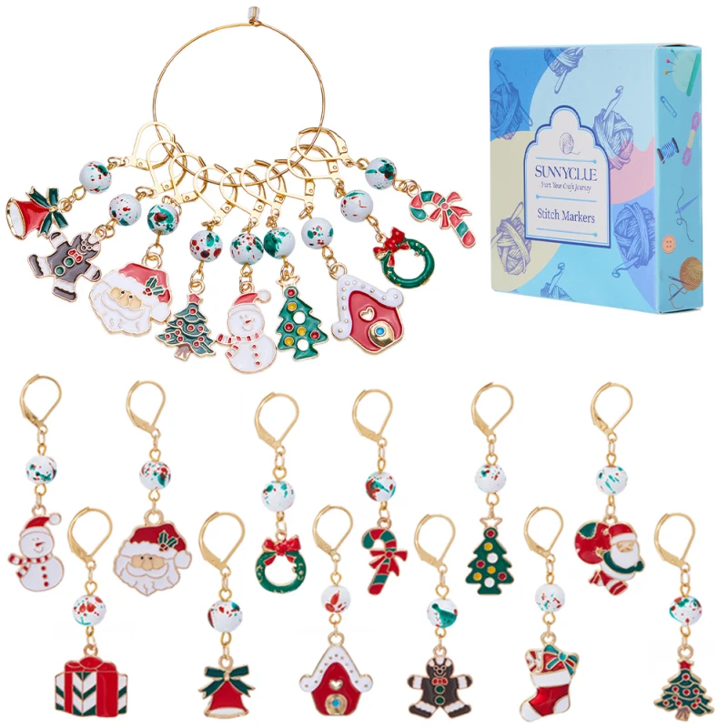 

24Pcs 12 Style Christmas Theme Alloy Enamel Pendant Locking Stitch Markers 304 Stainless Steel Stitch Marker with Glass Beads