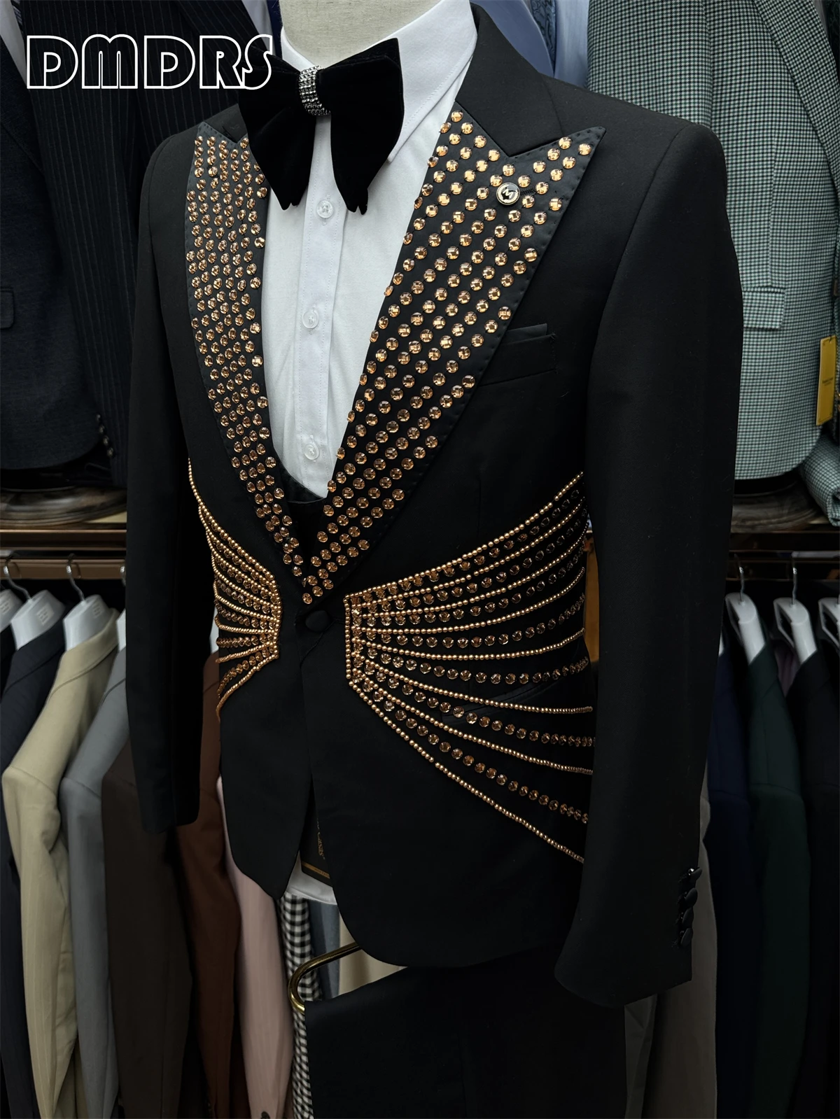 DTLumika Роскошный мужской костюм с кристаллами, облегающий черный комплект из трех частей, брюки-смокинг, мужские официальные костюмы Haute Couture