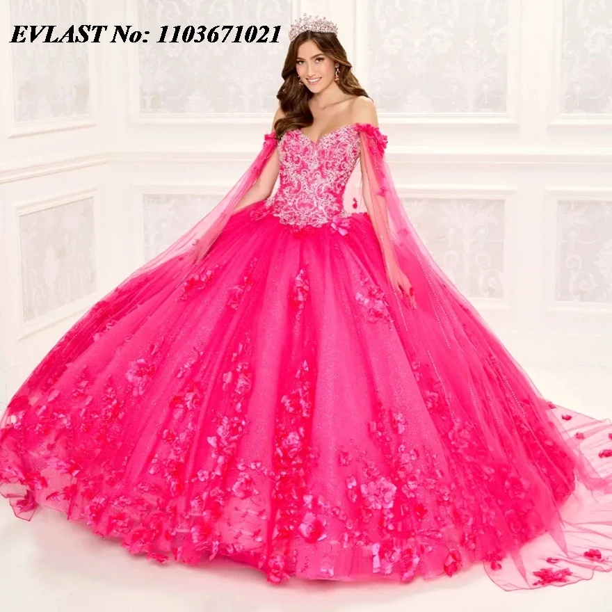 EVLAST черное Шампанское платье для Quinceanera бальное платье 3D Цветочная аппликация из бисера с накидкой и бантом милое 16 платья 15 лет SQ226