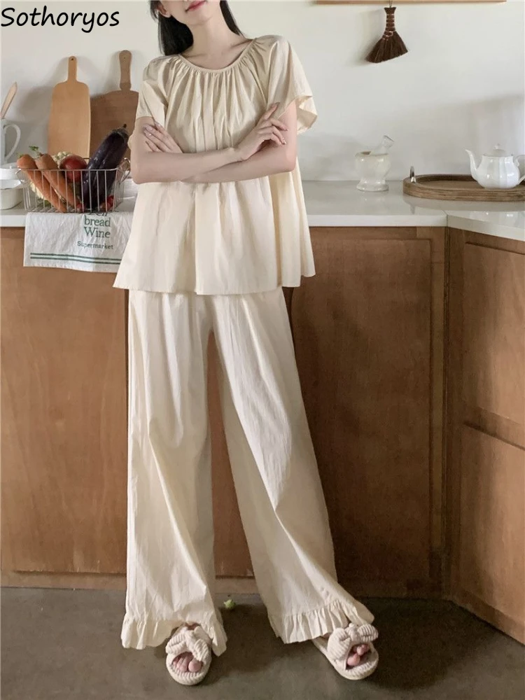 Pajama Sets Women Solid Folds Simple Daily Sweet Summer Ins Creativity Basics Popular Leisure All-match Home Cozy Korean Style