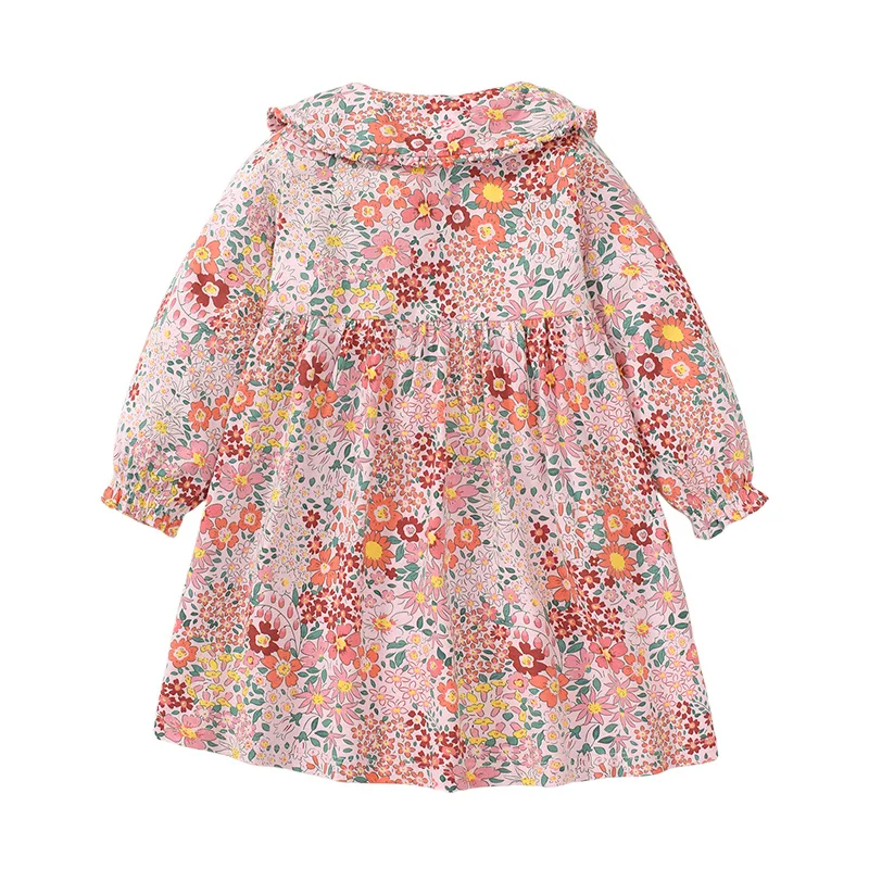 Jumping Meters 2-7T Floral  Princess Girls Dresses Collar Buttons Long Sleeve Baby Party Clothing Flowers Print Birthday  Dress