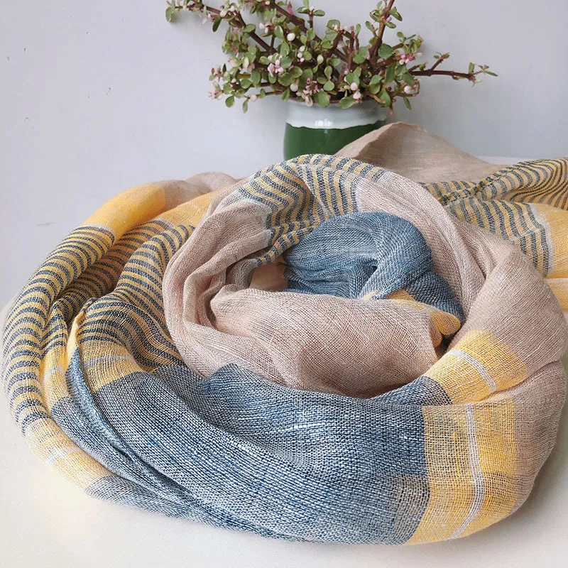 Linen Stripes Elegant Light Scarf For Ladies  Women Light Linen Scarf Shawls High Quality Headband Long Scarves