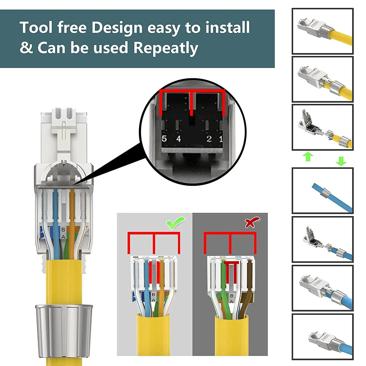 ZoeRax 6pcs Cat6A Cat7 Cat8 Toolless Field Termination Plug, Shielded (STP), PoE++ (4PPoE), Modular RJ45 Male Connector