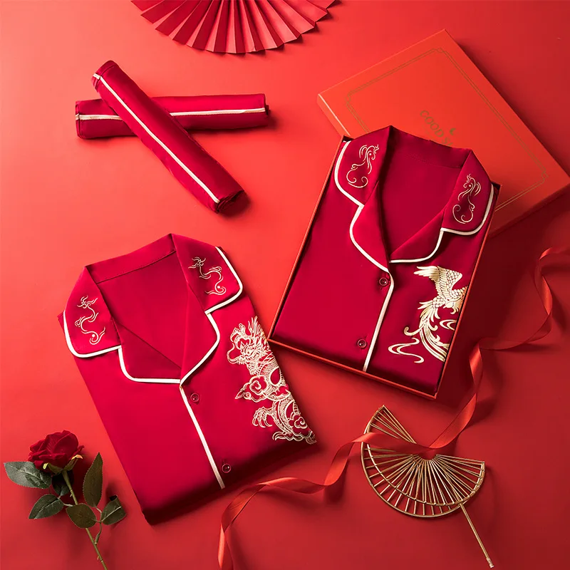 

Пара мужчин Дракон Феникс с принтом пятна рубашка с лацканами брюки летние пижамы для влюбленных пижамы домашняя одежда можно носить одежду для сна