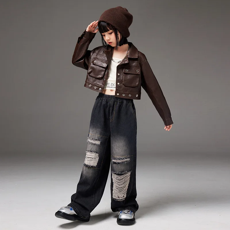 Children Jazz Dance Performance Costumes Brown Motorcycle Jacket Ripped Jeans Set Kpop Outfits for Girls Boys Hip Hop Stage Wear