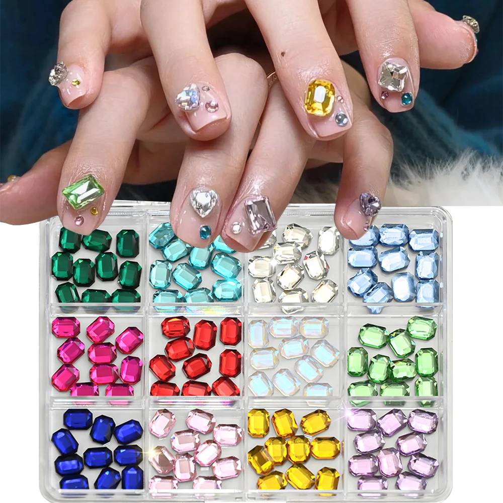 12grids Colorful Square Crystal Nail Pile Diamond Retro Luxury Rectangular Nail Art Rhinestones Gems Sparkle Glass Nail Stones^&