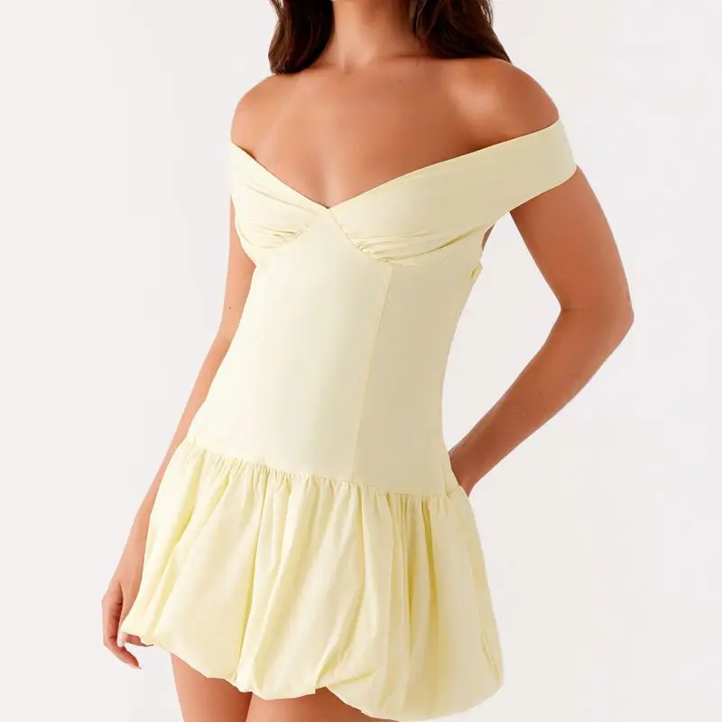 Combhasaki Women Summer Solid Color/Polka Dot Slash Neck Off Shoulder Backless Cutout Pleated Puffball Hem Short A-line Dress