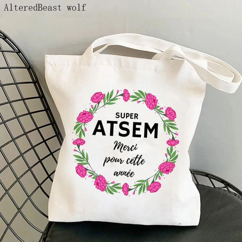 

Women Shopper bag Merci Maitresse Super Atsem Thank you for this year pink flowers Bag Canvas teacher Bag girl Shoulder Lady Bag