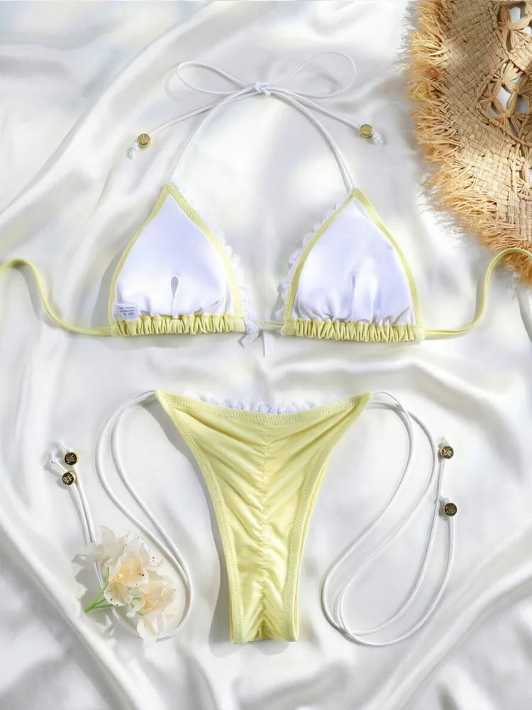 Rinabe Yellow Bikini Triangle Swimwear Bandage Bikinis High Cut Swimsuits String Swimsuit Halter Swimsuits Two-Piece Beachwear