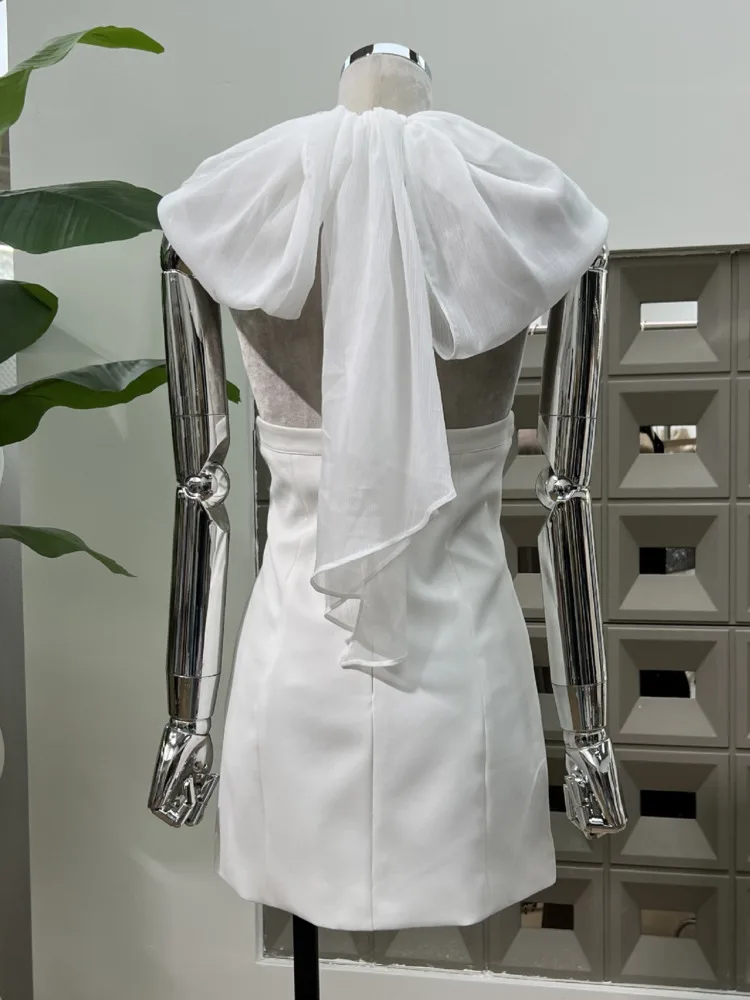 DFDG Robe dos nu pour femme, douce et sexy, col licou, col en V, transparente, moulante, mi-longue, avec nœud au dos, robe de soirée de cocktail élégante, 2025 SS