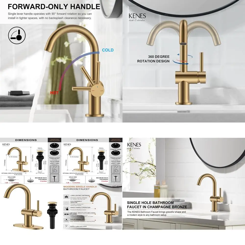 

Champagne Bronze 1-Hole Single Handle Bathroom Faucet with Drain Assembly and Deck Plate for RV and Camper Sinks