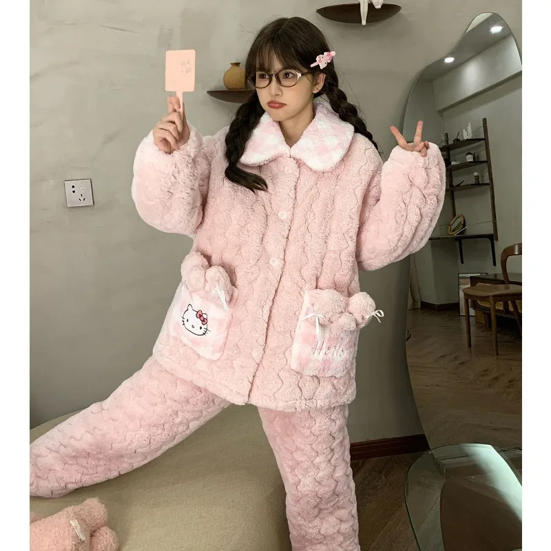 

Ins Стиль милые коралловые бархатные трехслойные хлопковые пижамы зимние розовые Hello Kitty Girl высококачественный утолщенный теплый комплект домашней одежды