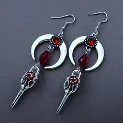 Moon Raven Skull Earrings, Blood drops, Gothic jewelry, bows, Black Raven, Witch accessories, Retro, Raven Cameo, Pentagram,Gift