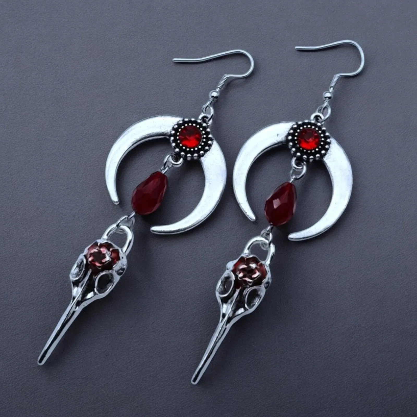 Moon Raven Skull Earrings, Blood drops, Gothic jewelry, bows, Black Raven, Witch accessories, Retro, Raven Cameo, Pentagram，Gift