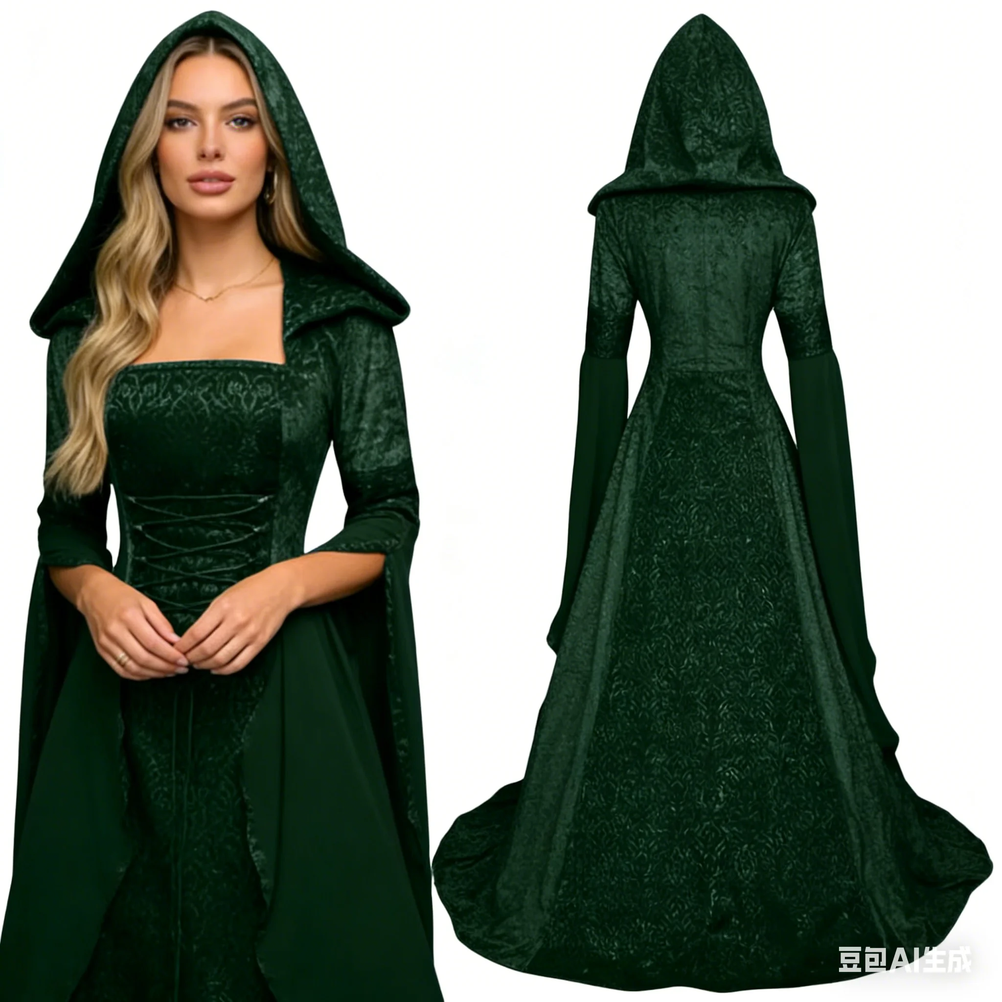 

Medieval Retro Style Wedding Dress Hooded Waist Dress Cosplay Halloween Women's Hooded Robe Role Playing Costume HQ001