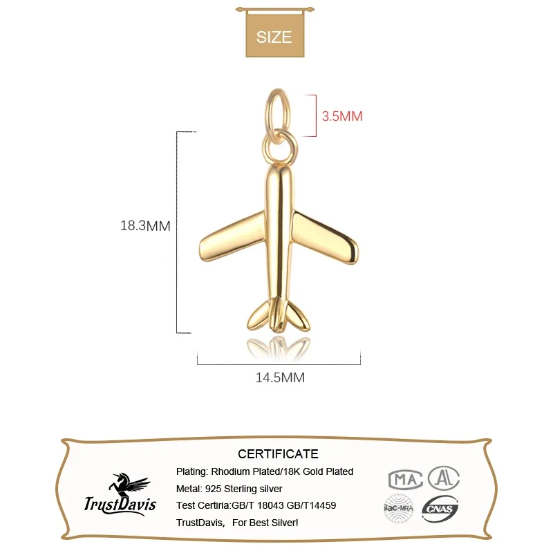 TrustDavis Real 925 Sterling Silver Fashion Plane Aircraft Charm Pendant Handmade DIY Accessories Fine Jewelry Wholesale HY134