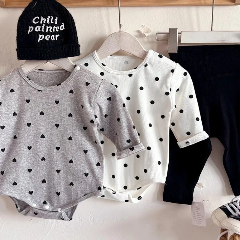 ZOETOPKID Baby Rompers Spring Autumn Long Sleeve Triangular Jumpsuit Polka Dot Heart Printed Newborn Clothes Infant Bodysuit