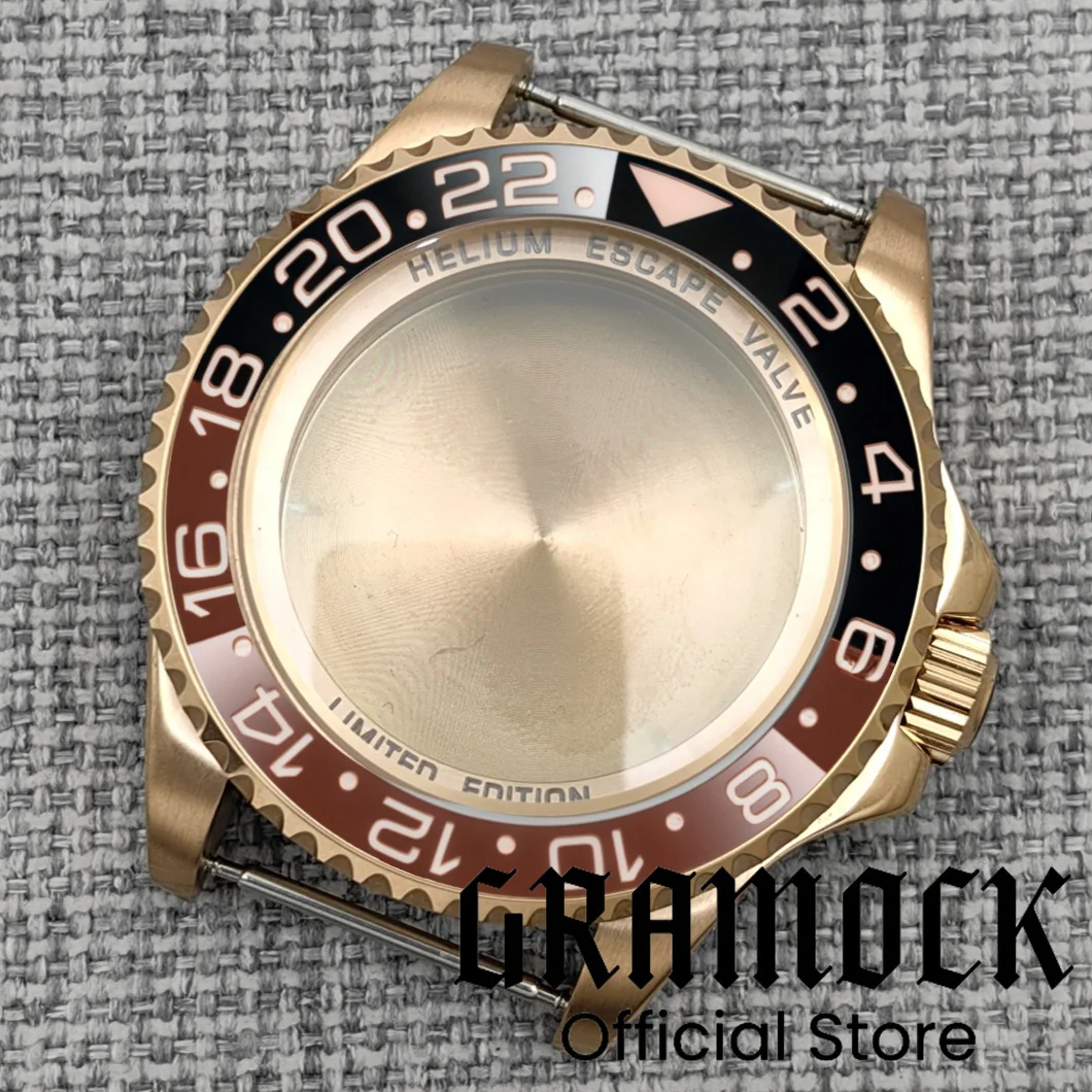 جراموك 44 ملم للرجال ذهبي كامل/ذهبي وردي DEEP SEA Homage Big Sapphire Watch Case إطار سيراميك مناسب NH34 NH35 NH38 ETA2824 PT5000